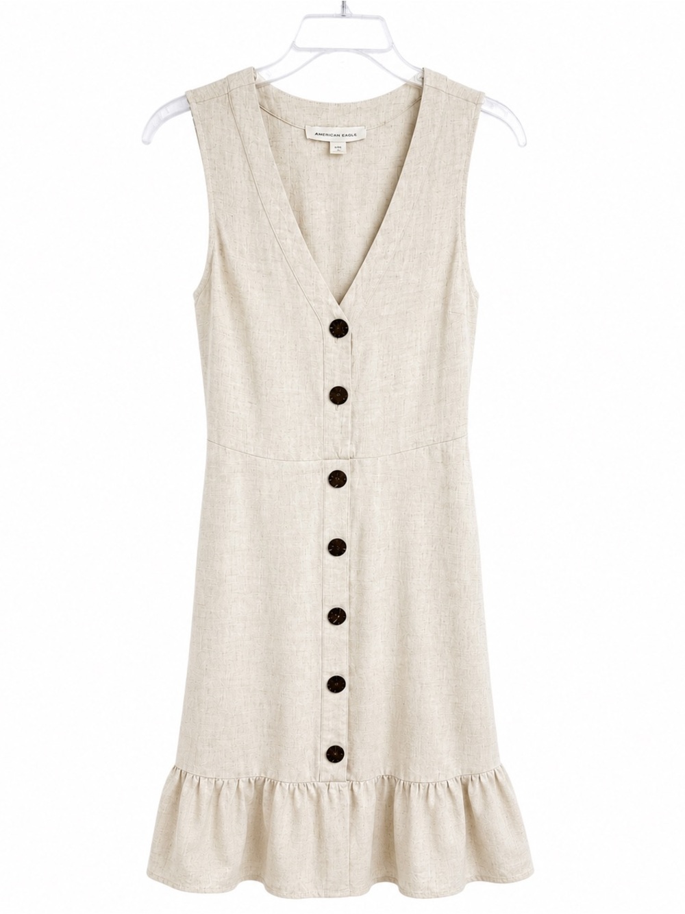 Monteau Linen Blend Button Front Ruffle Hem Sleeveless Dress Beige Medium